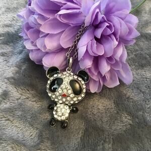 Silver Cute Large Panda Crystals Necklace